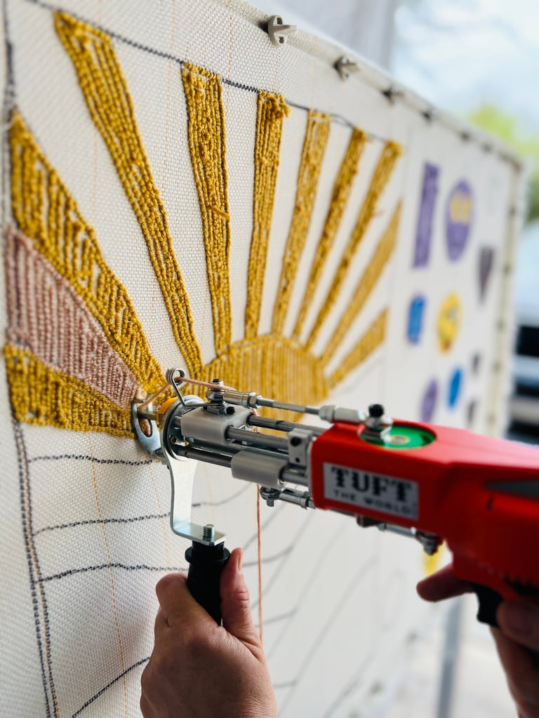 Close-up of a tufting gun creating a yellow starburst pattern on white fabric during the tufting process