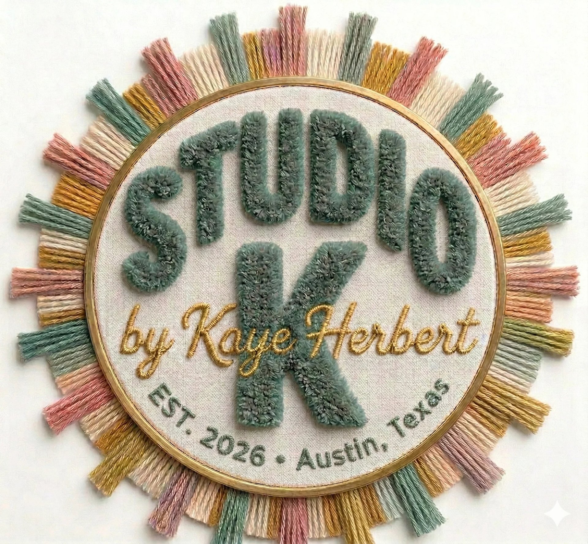 Embroidered circular patch with Stitch text, by Kaye Herbert, and EST 2026 Austin Texas with colorful thread fringe border